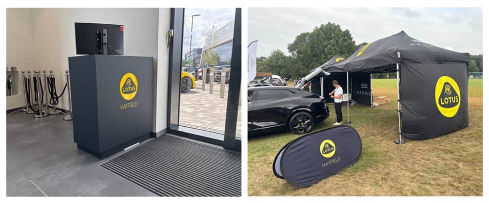 A collage of the HR Owen desk and tent graphics.